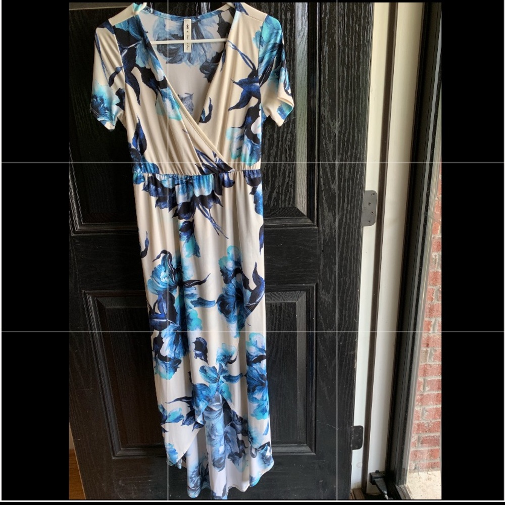 Blue and ivory floral high-low maxi dress
